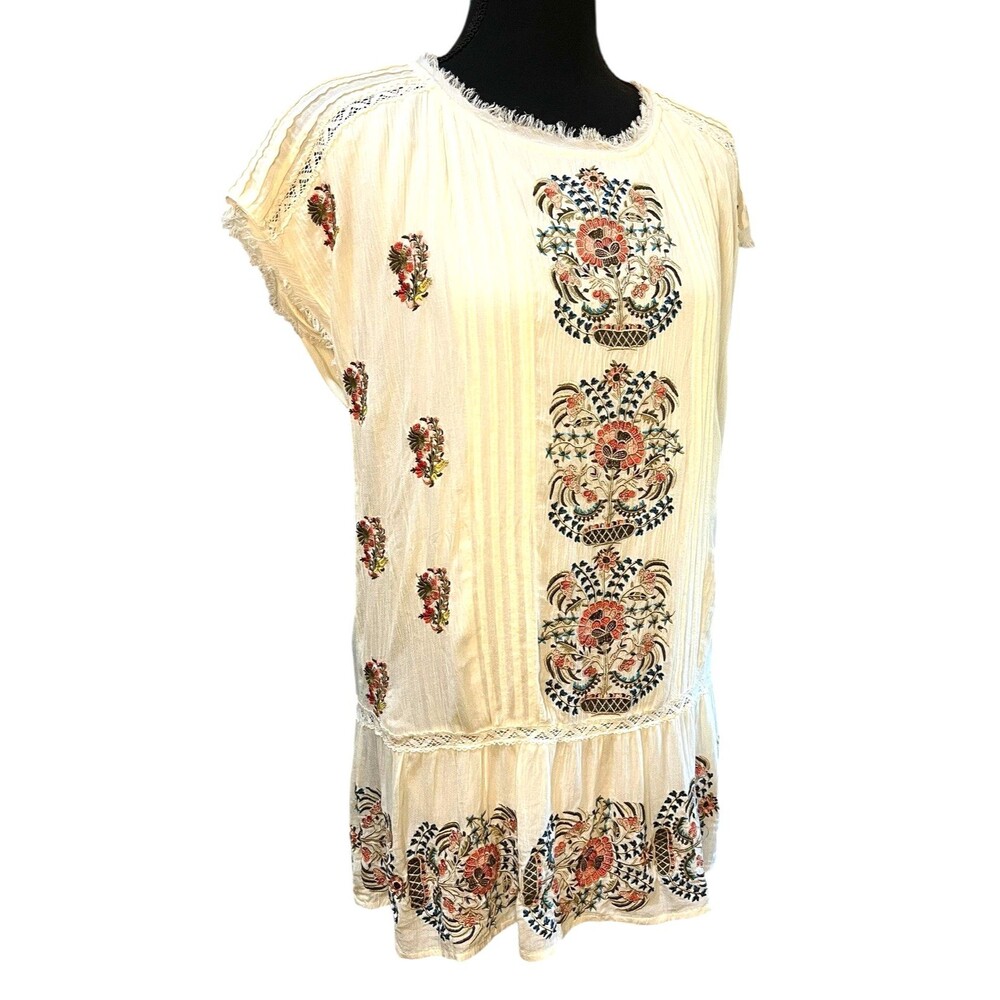 Sundance Boho Embroidered Floral Peasant Tunic Top XS Coastal Artsy Cottagecore